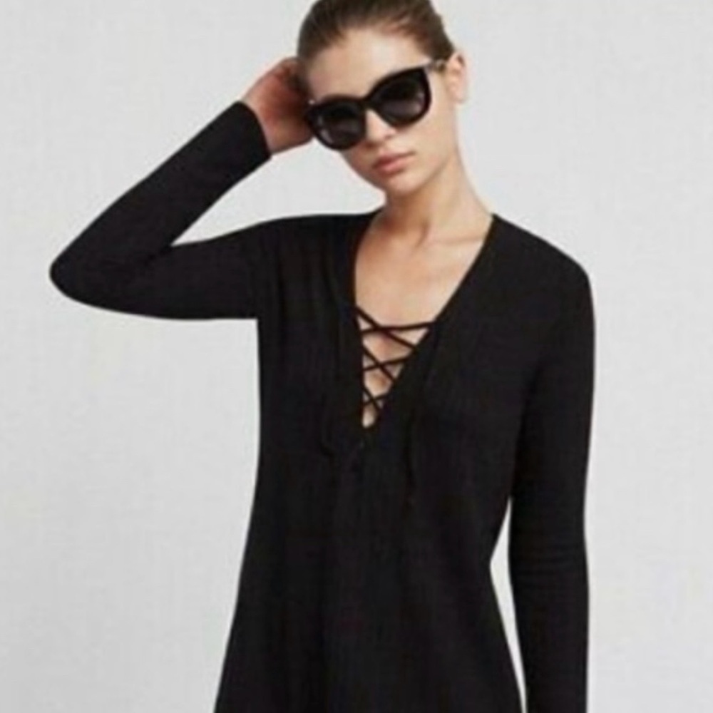 REFORMATION Large Black Ren Faire Fairy Lightweight Ribbed Lace Up Collar Top